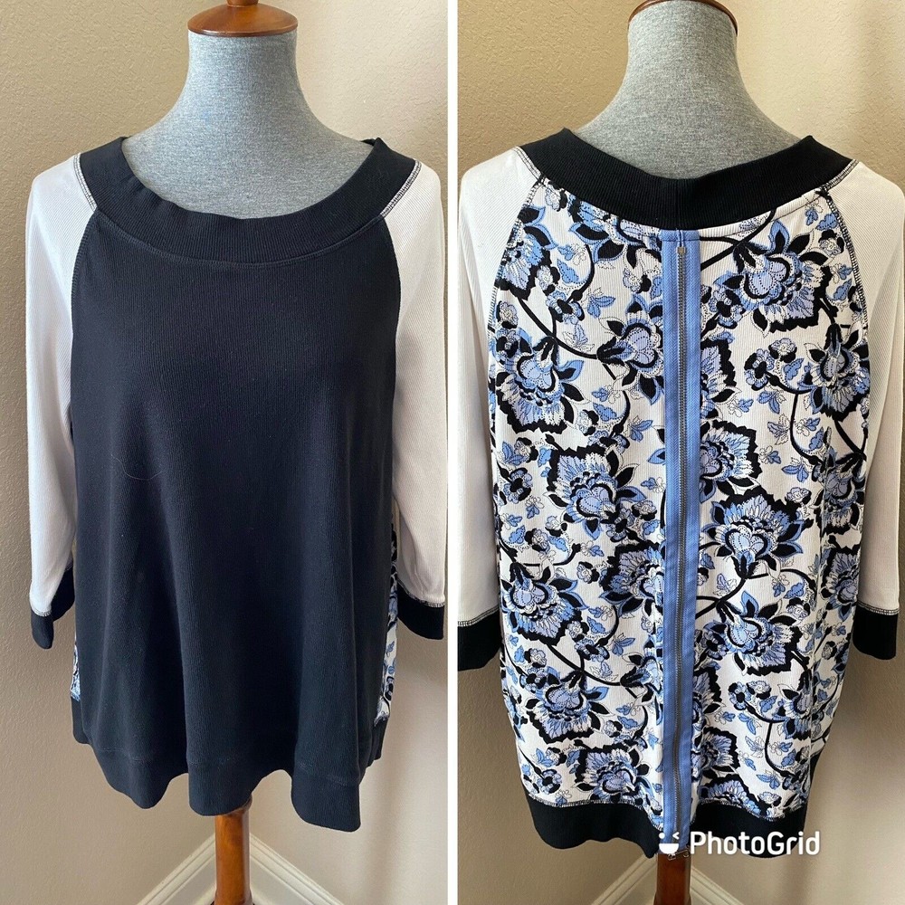 Chico's Zenergy Size 3P (XL/16P) Black Blue Floral Print Zipper Back Tunic Top